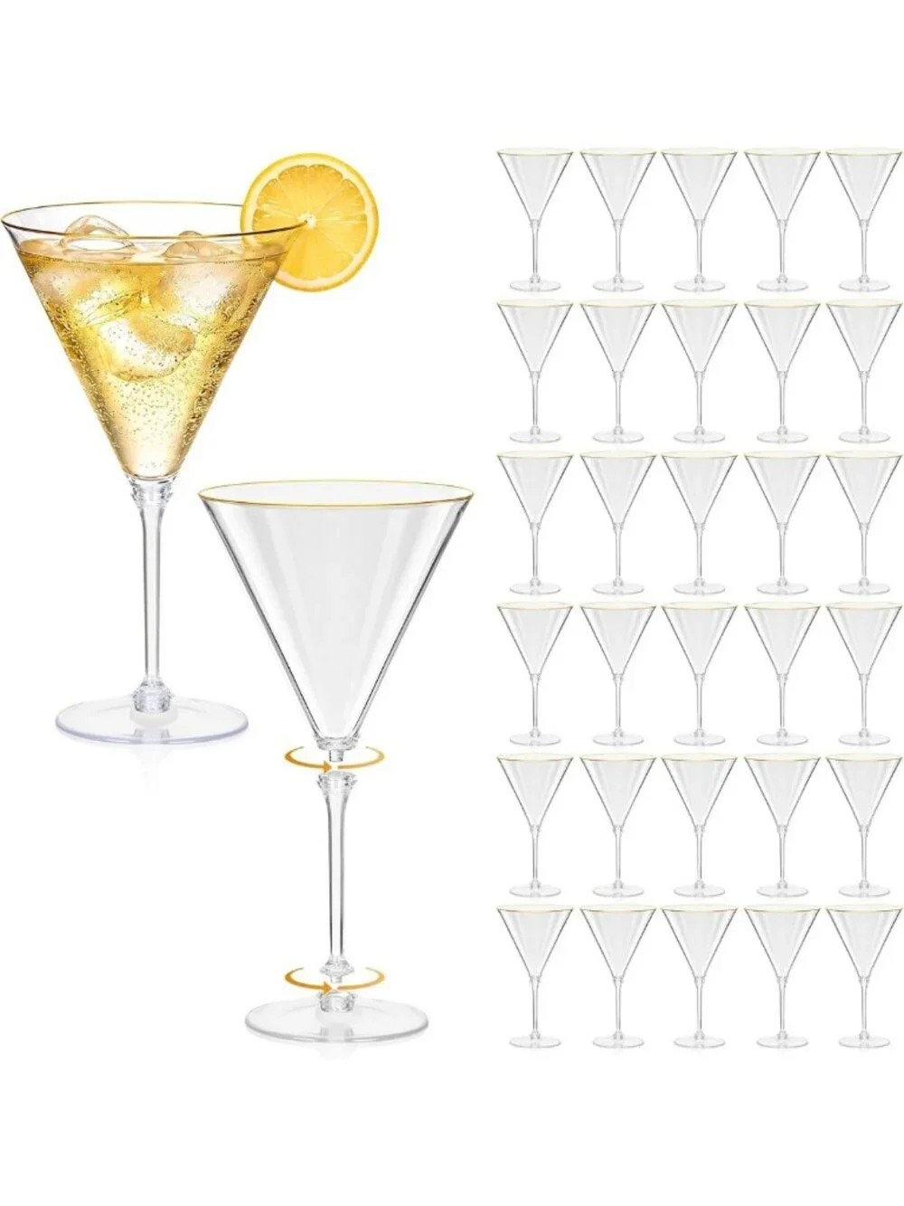 50 Pcs 10 oz Plastic Martini Glasses Set - Gold Rim, Detachable Cocktail Cups